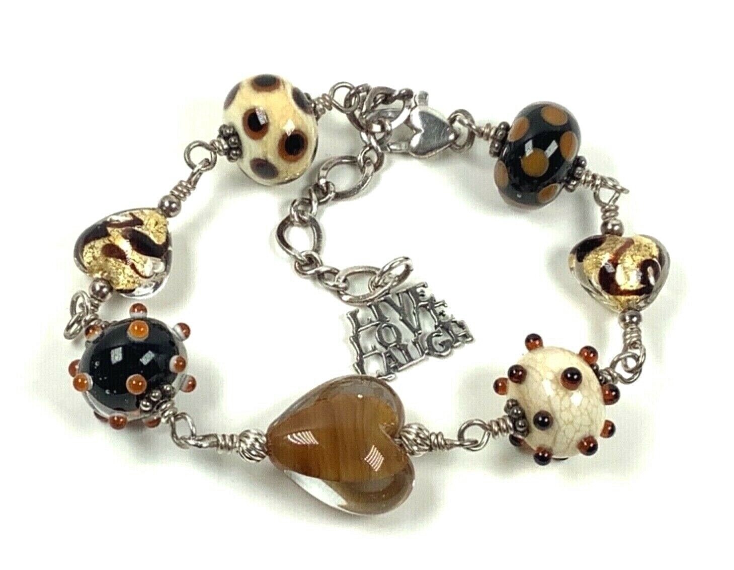 Live Love Laugh Bracelet w/ Artsy Brown Black Cream Gold Glass Beads 7.75”-9.75”
