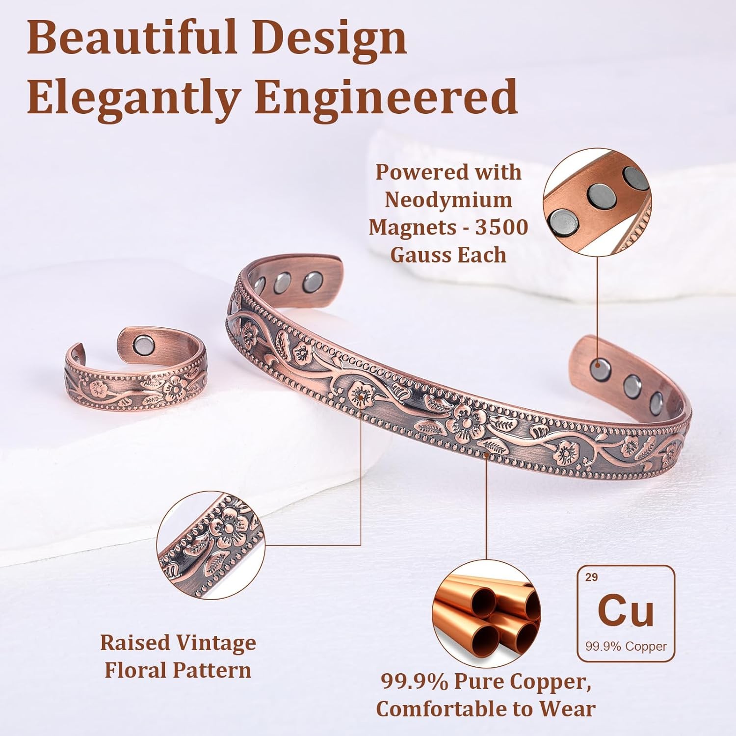 BioMag Copper Bracelet & Ring for Women, 99.99% Pure Copper Magnetic Bracelet Ly