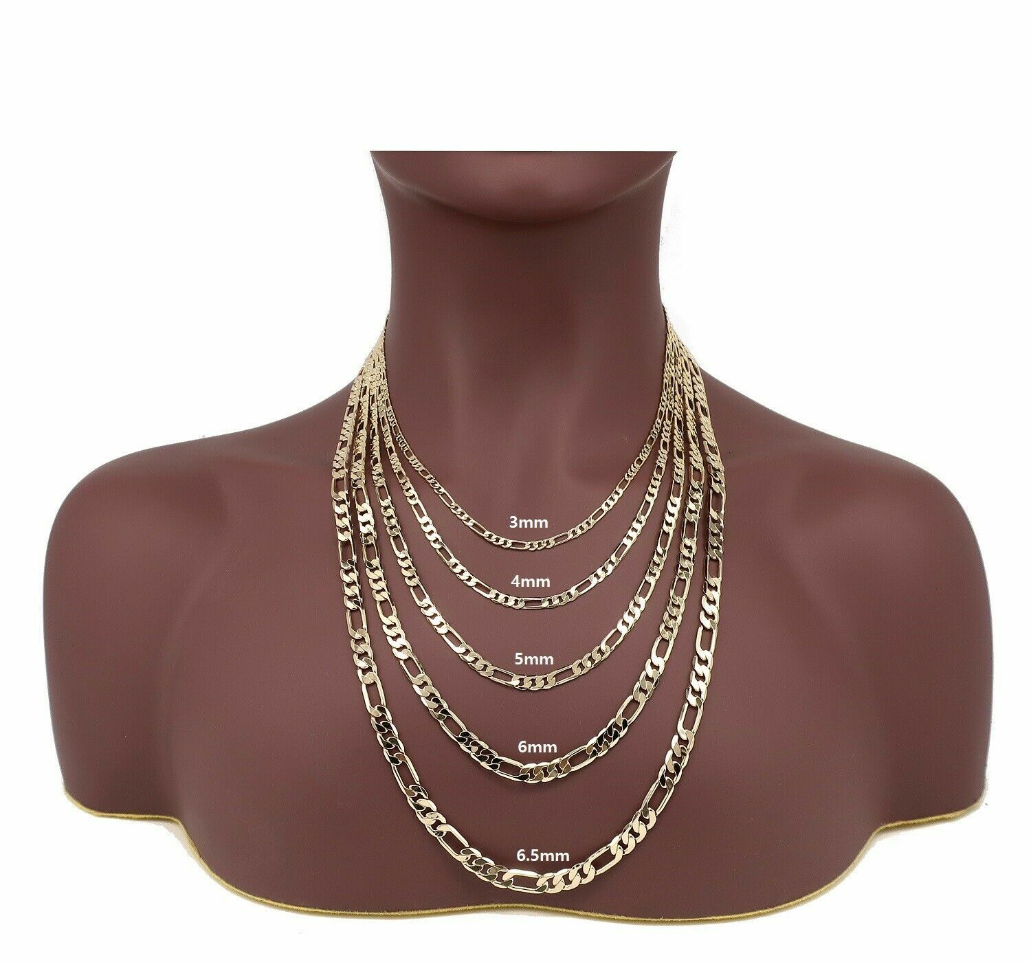 Italian Figaro Link Chain Necklace Bracelet 3mm to 6.5mm 14K Gold Plated