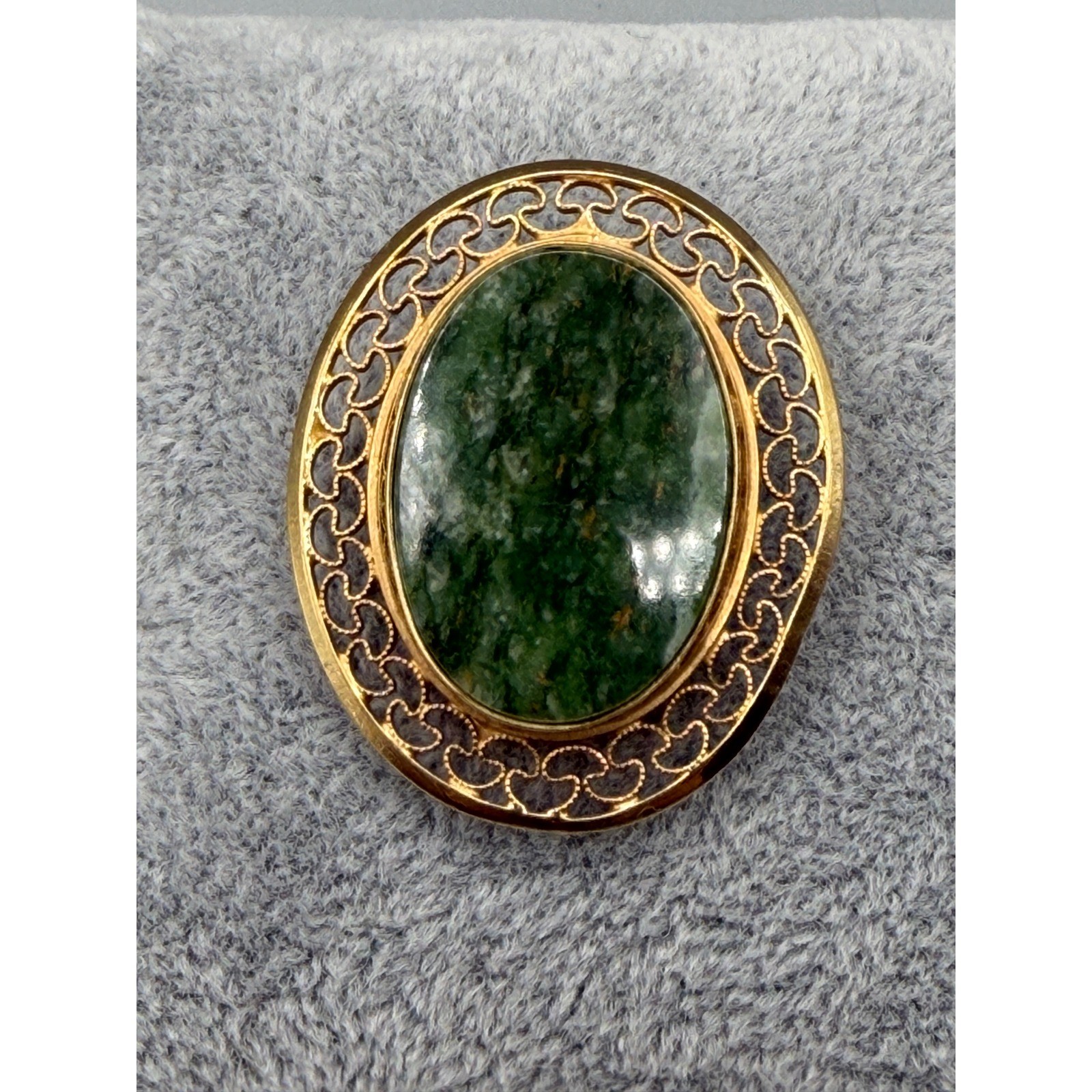 Vintage Burt Cassell 12K Gold Filled Green Stone Oval Brooch Ornate #1080