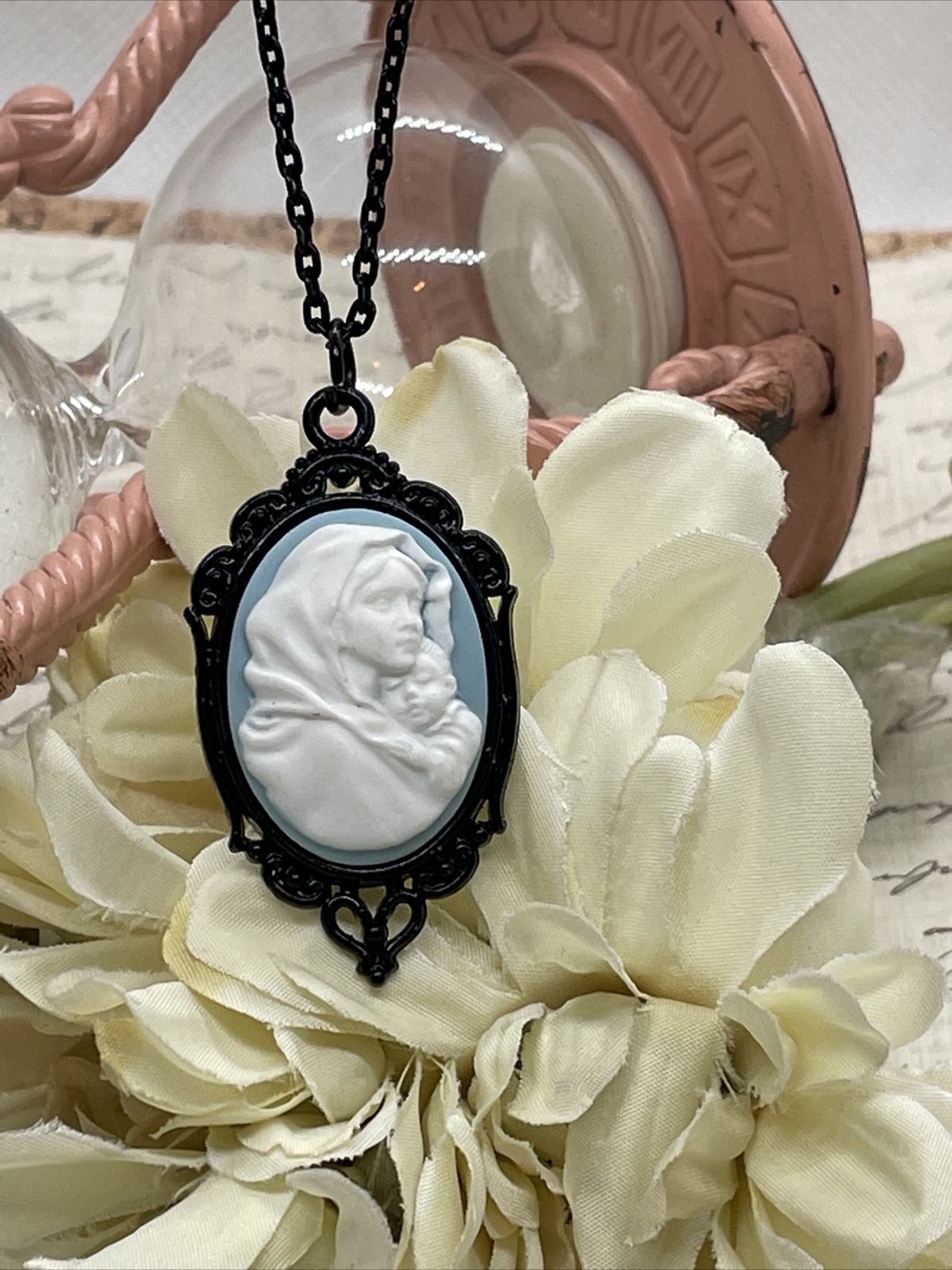 Madonna Mary Child Jesus MOM Heart Jewelry White Mothers Day necklace Cameo Bday