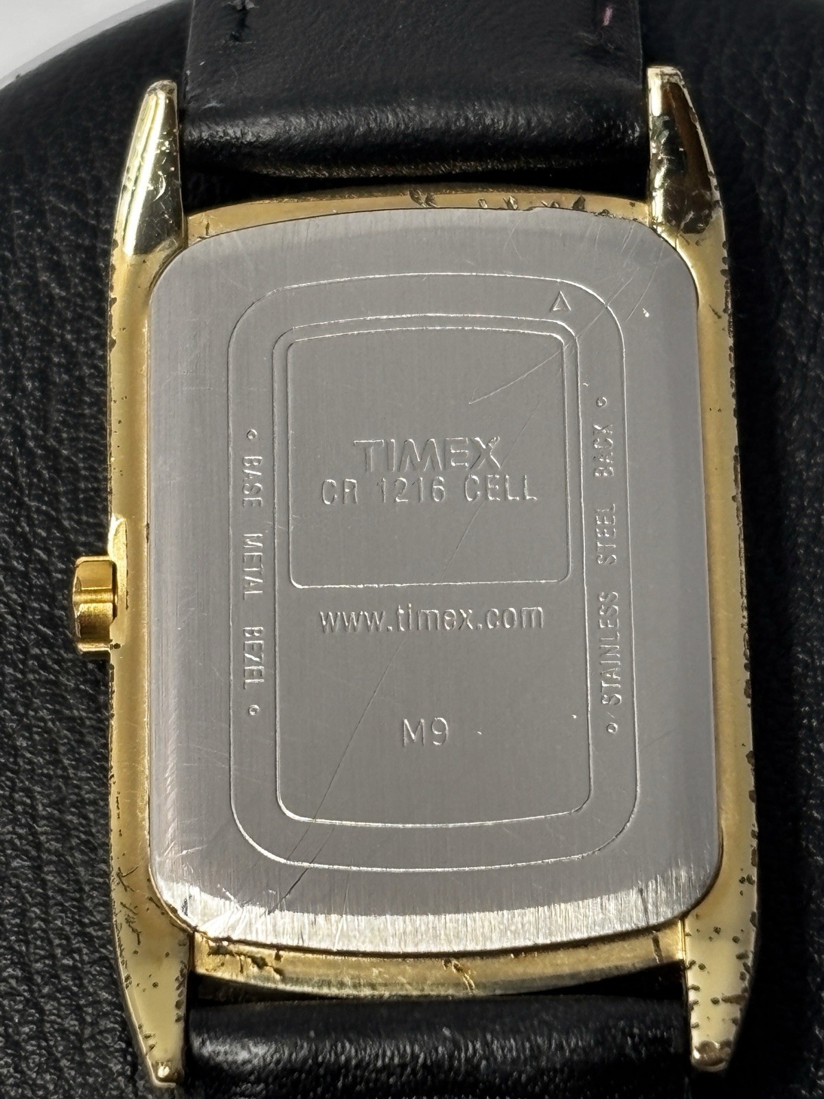 Timex Rectangular Dress Quartz Watch White Dial Gold Tone Case Black Leather