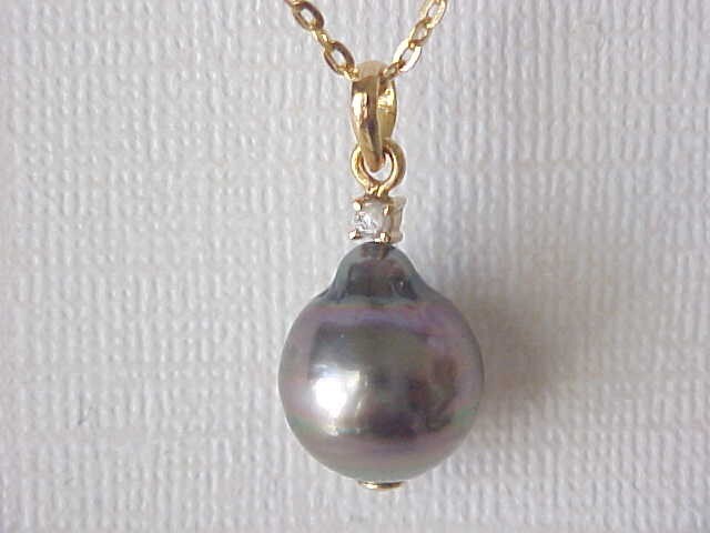 11.5MM X 13.5MM GENUINE TAHITIAN PEARL & DIAMOND PENDANT SOLID 18K YELLOW GOLD