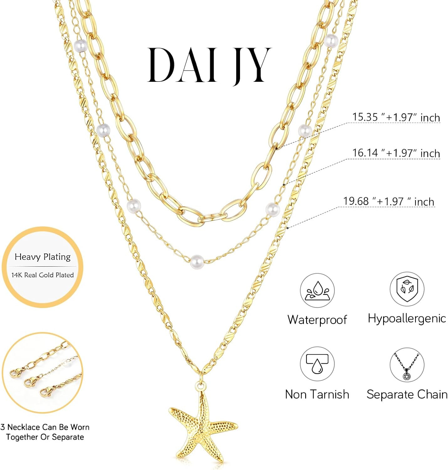 Starfish Necklace Beach Summer Layered Necklaces for Women Non Tarnish Waterproo