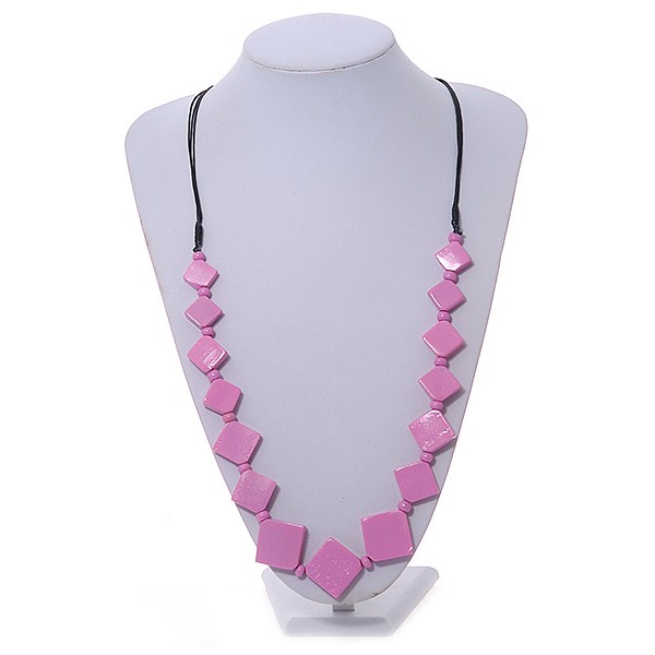 Lavender Pink Square Bone Bead Black Cotton Cord Long Necklace – 82cm L
