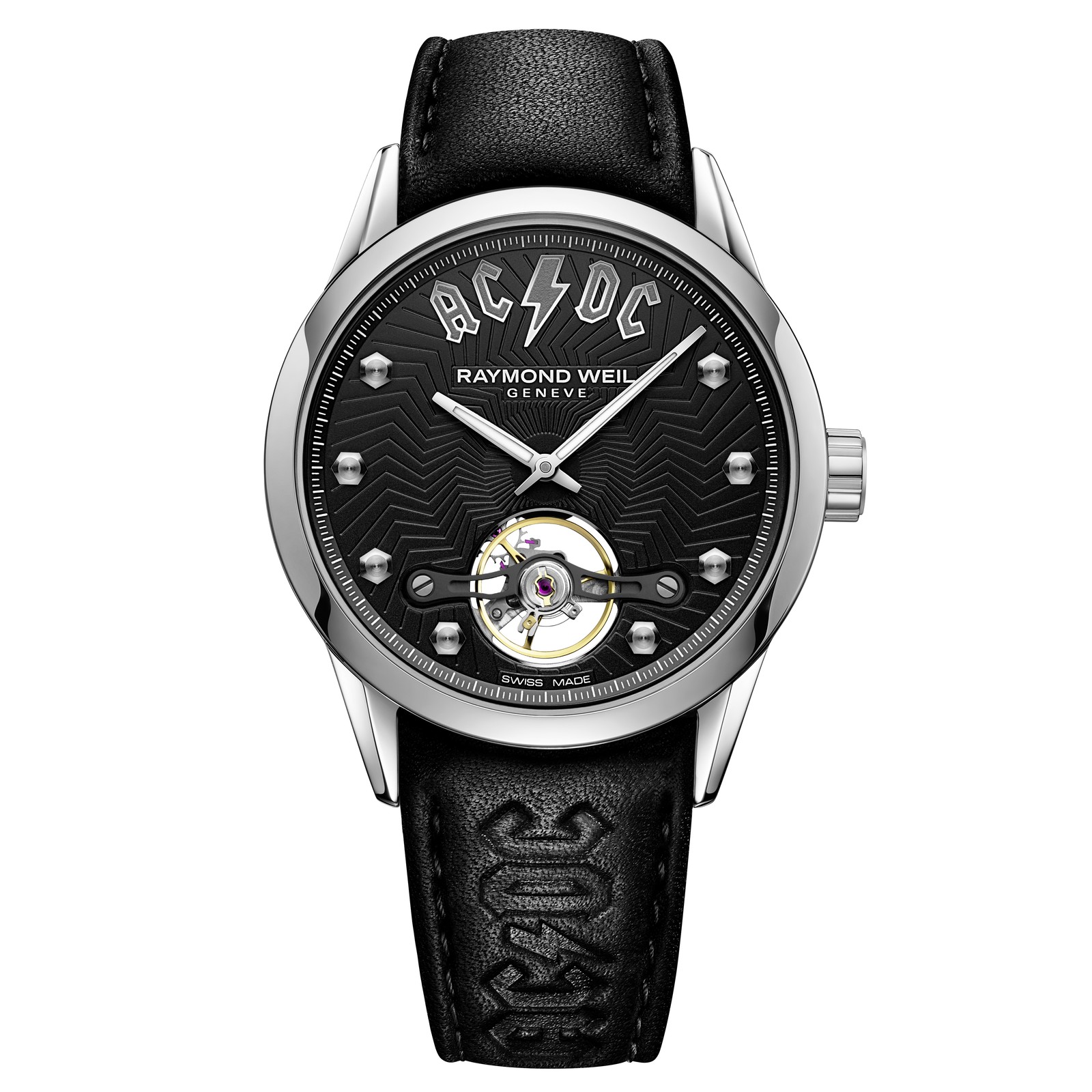 Raymond Weil Freelancer Watch. Mens AC/DC Black Leather Strap Watch PREOWNED