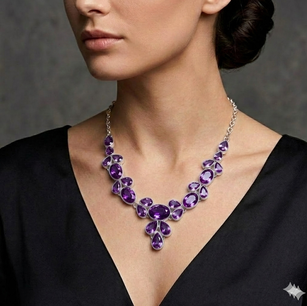 Purple Amethyst Gemstone 925 Sterling Silver Jewelry Necklace Size-17-18″