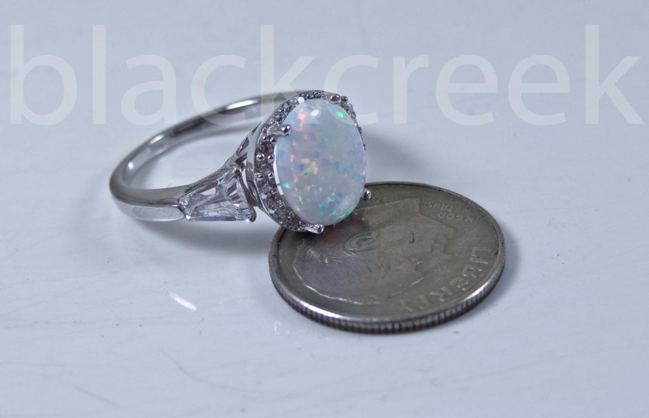 925 Sterling Silver~White Fire Oval Opal/Micro Pave Ring Choose Size