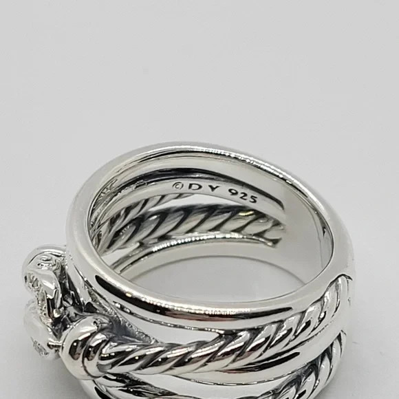 David Yurman Sterling Silver and Diamonds Buckle Crossover Ring Size 7