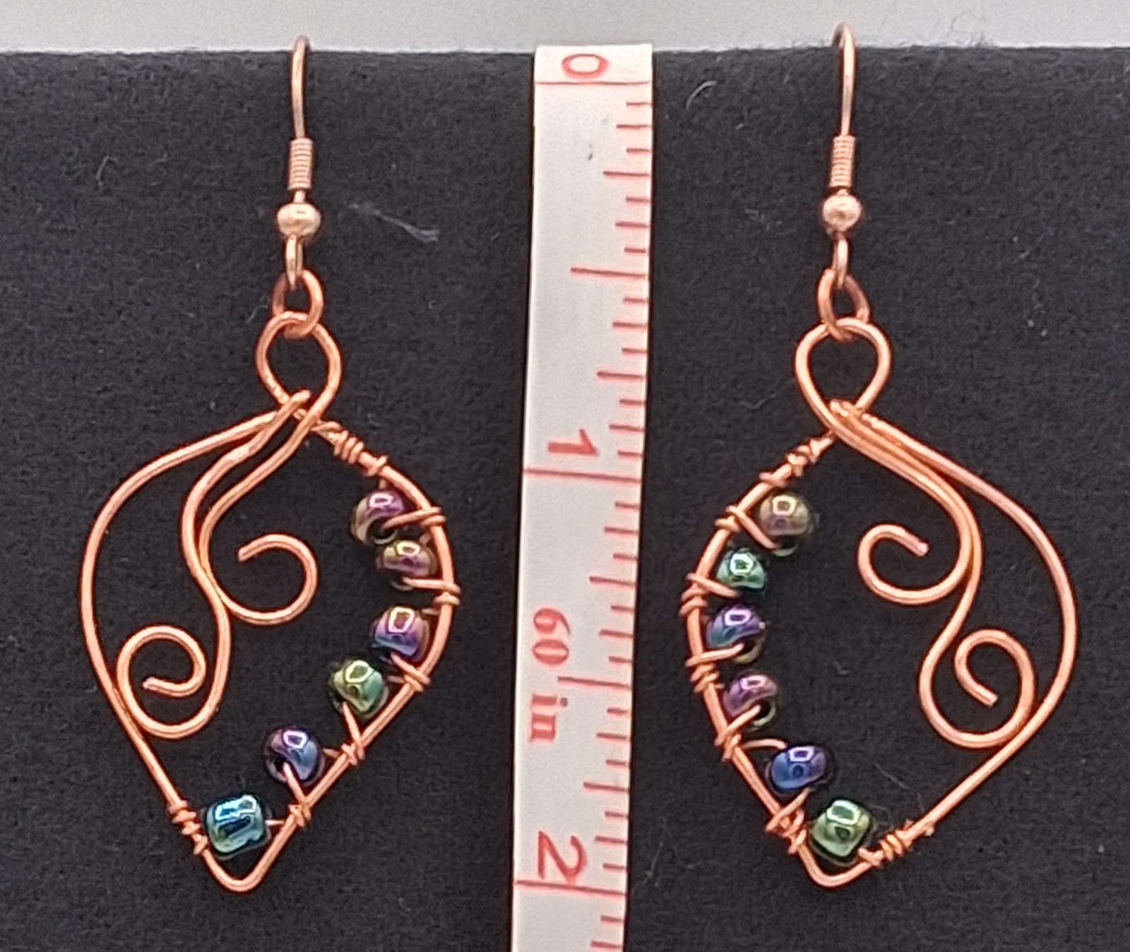 Handcrafted Copper Wire Wrapped Dangle Earrings, Multicolor Glass Beads Earwire