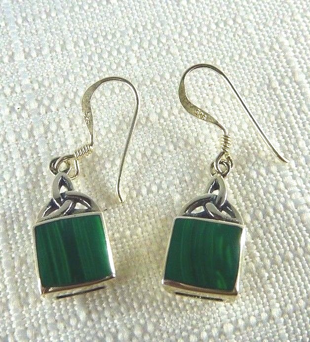 Lab-Created Malachite Sterling Silver Triquetra Celtic Knot Dangle Earrings