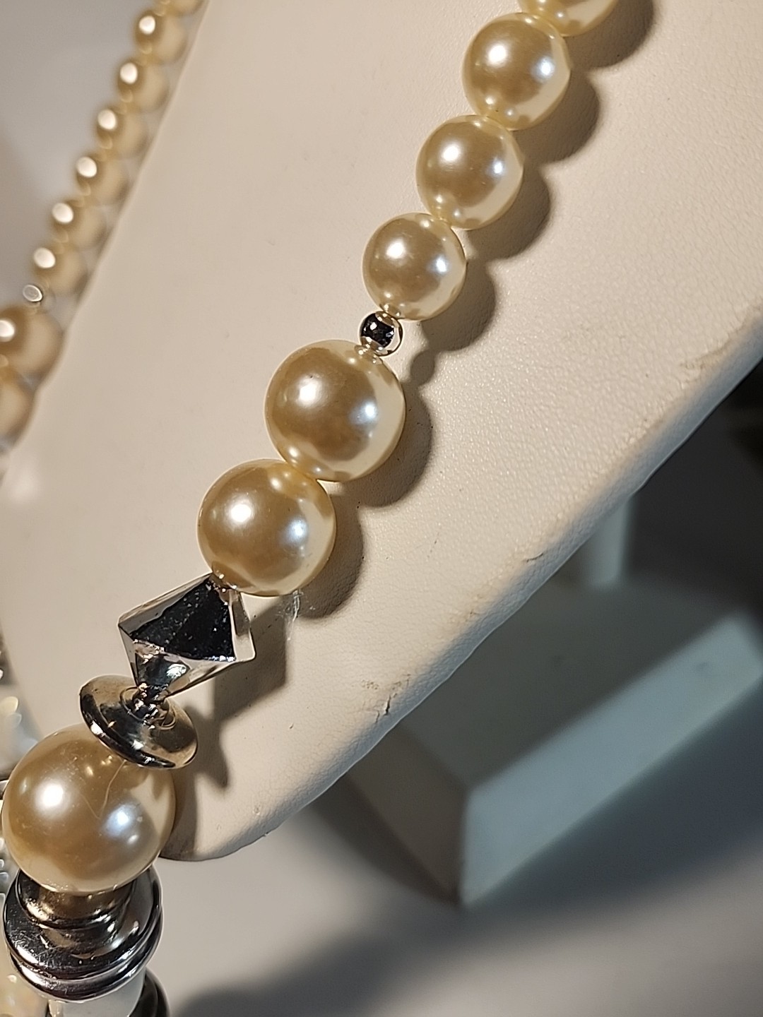 Iridescent SHell Pearl Necklace Silver Long 24 inch Statement Piece
