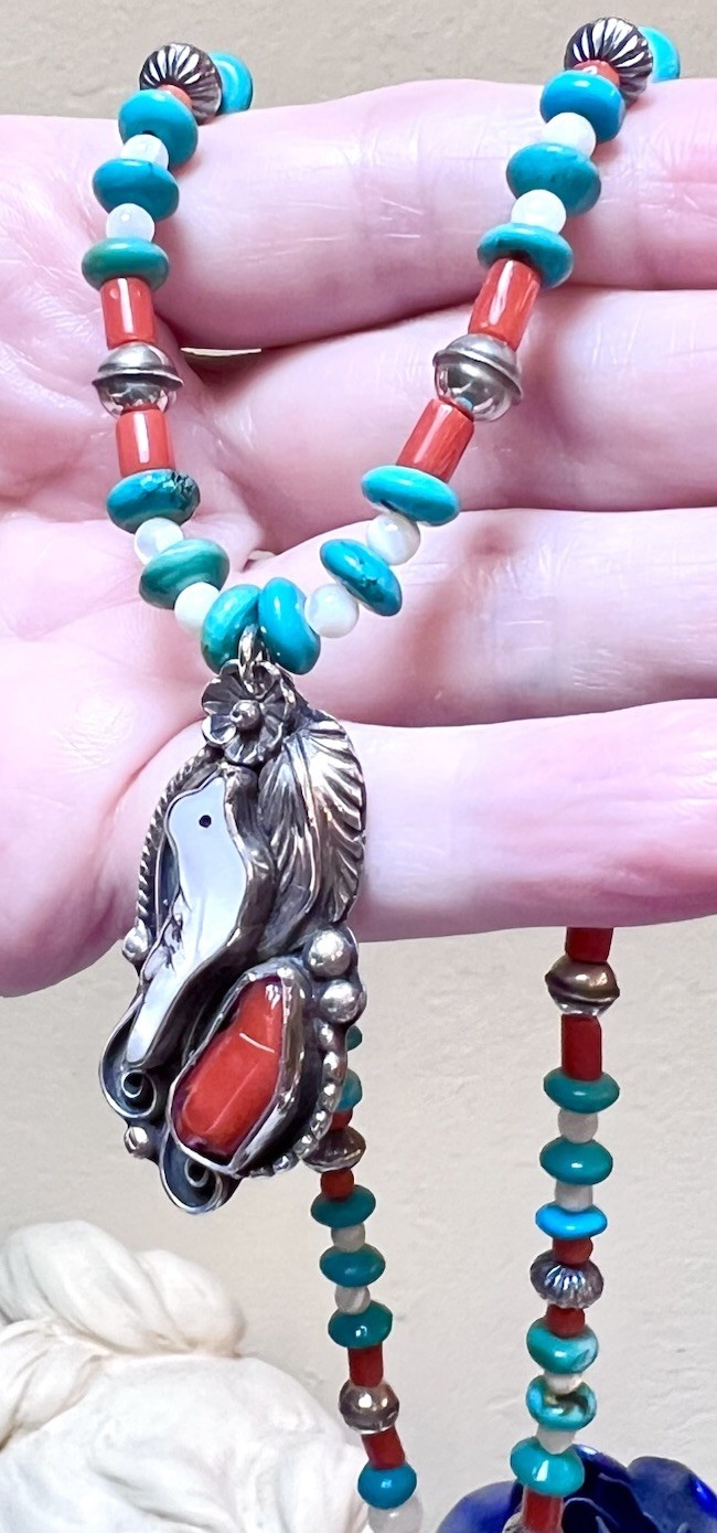 LOVELY Native, Navajo Signed Sterling Silver Turquoise, Coral, Etc Bird Necklace