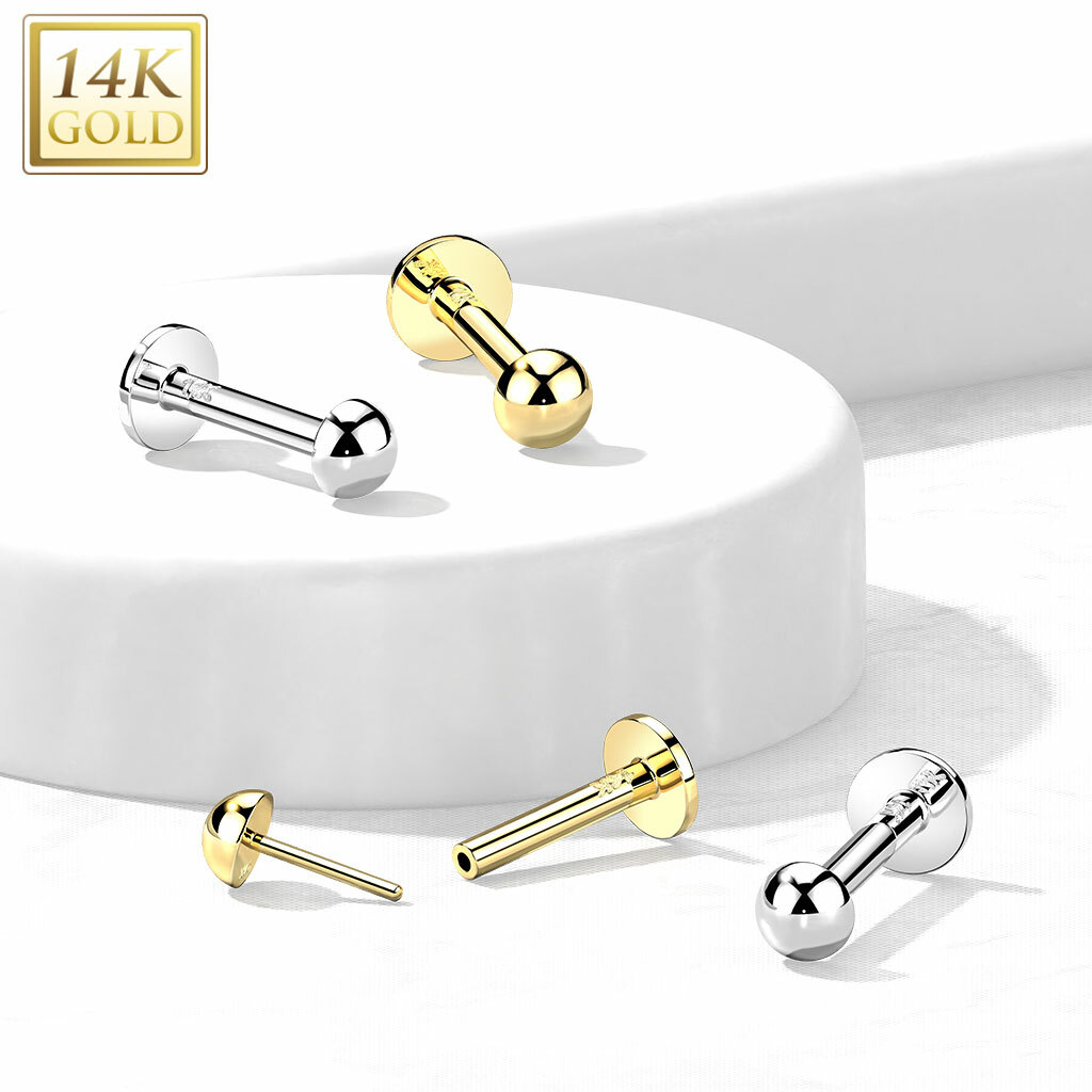 14K Solid Gold Dome Top Threadless Push In Labret Ear Cartilage Helix 16G