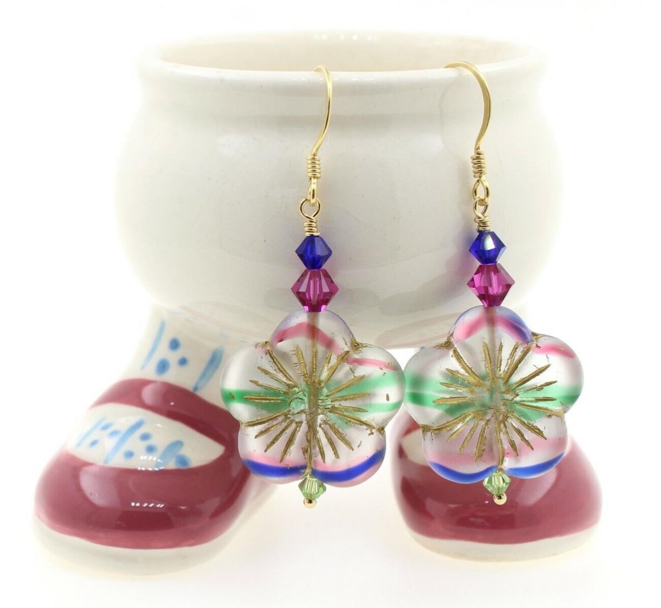 Flower Earrings Seaglass Glass Stripes Blue Green Pink Swarovski Vermeil Gold