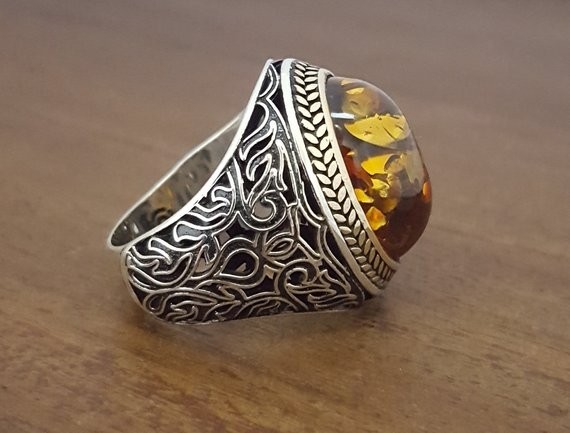 Solid 925 Sterling Silver Natural Baltic Amber Gemstone Signet Men’s Unisex Ring