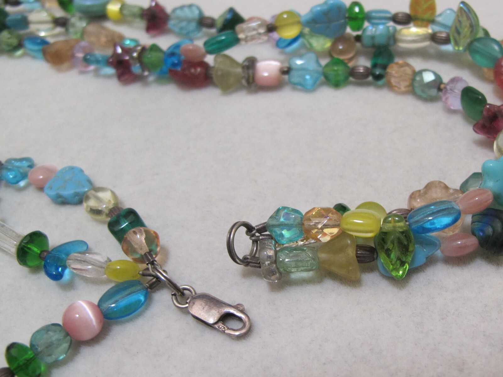 3-Strand Blue Beige Translucent & Iridescent Beads 18” Necklace 925 Clasp