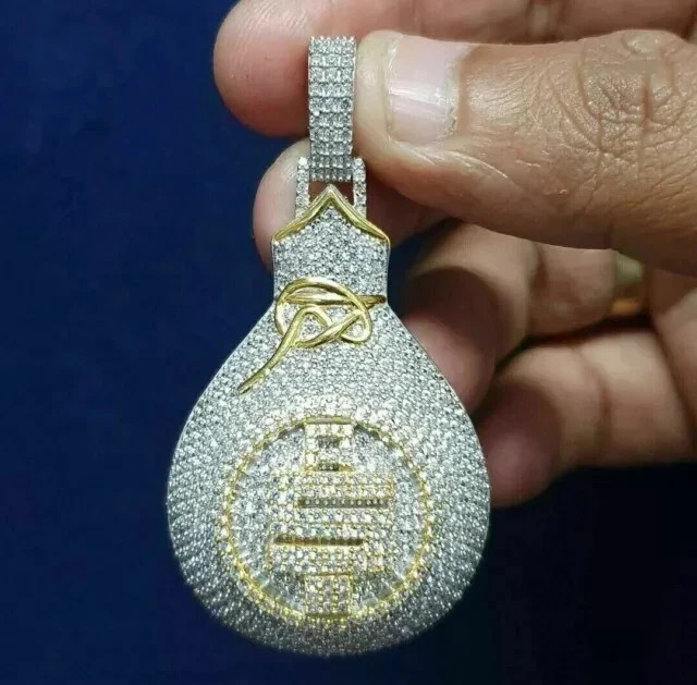 2.9Ct Round Real Moissanite Custom Money Bag Pendant 14K Two Tone Gold Plated