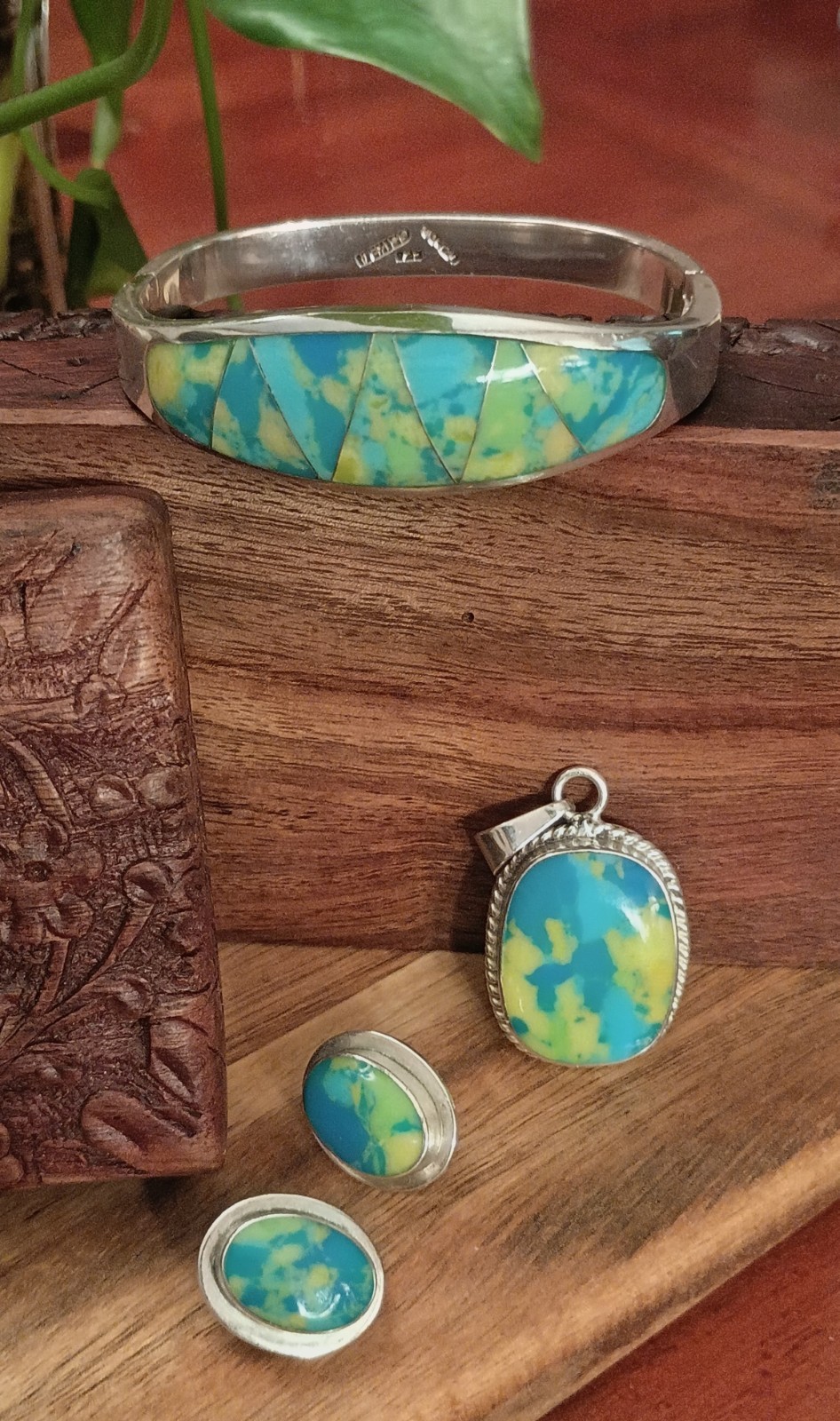 INVESTMENT Vintage Taxco 925 Silver Green Mojave Turquoise Zigzag Inlay 3pc 70g