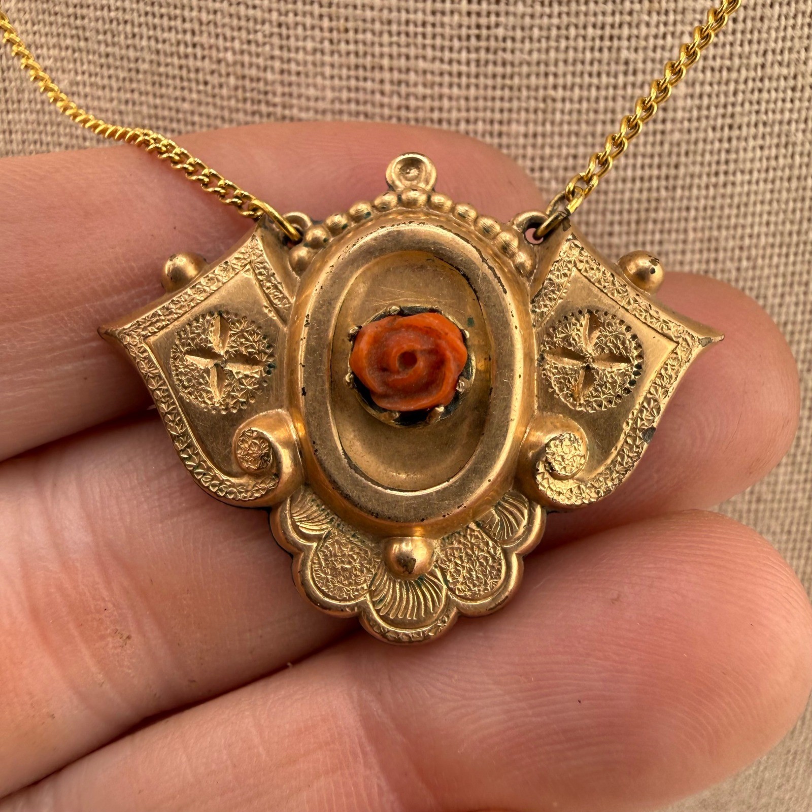 Vintage Victorian Necklace Red Carved Rose 15 In