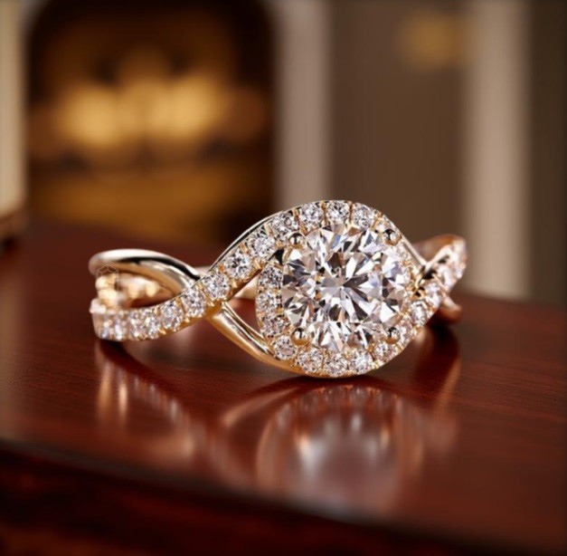 Round Moissanite Twisted Halo Engagement Ring Handmade Bridal Ring