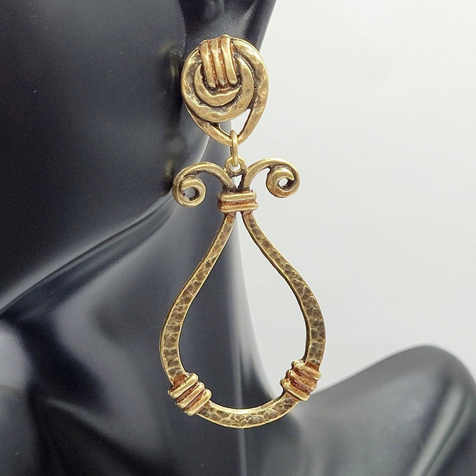 Modern Geometric Loop Hammered Look Ornate Stud Mix Metal Tone Pierced Earrings