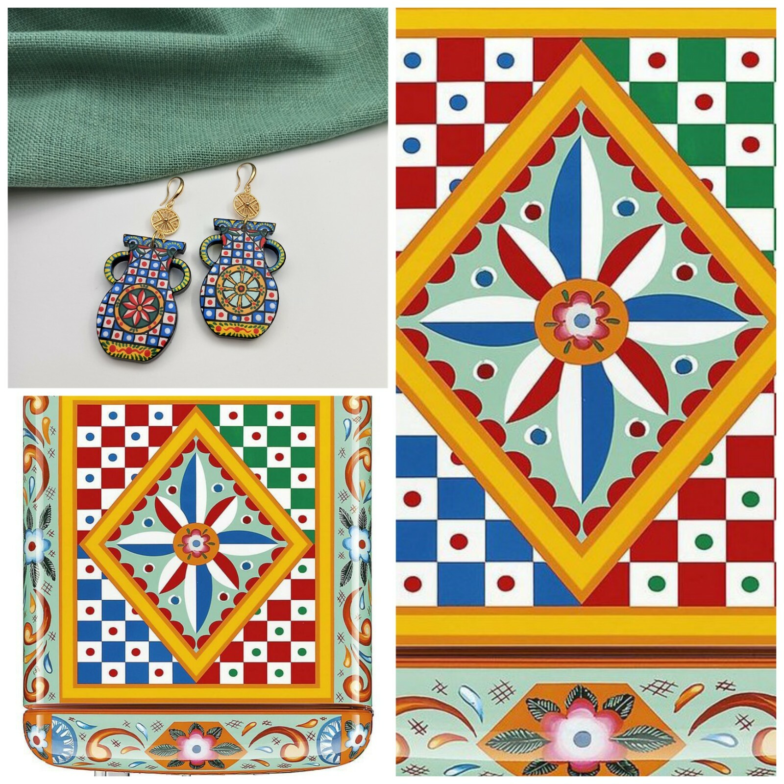 Painted Pottery Vase Wood earrings inspired by Sicilian Folk Caltagirone Art.