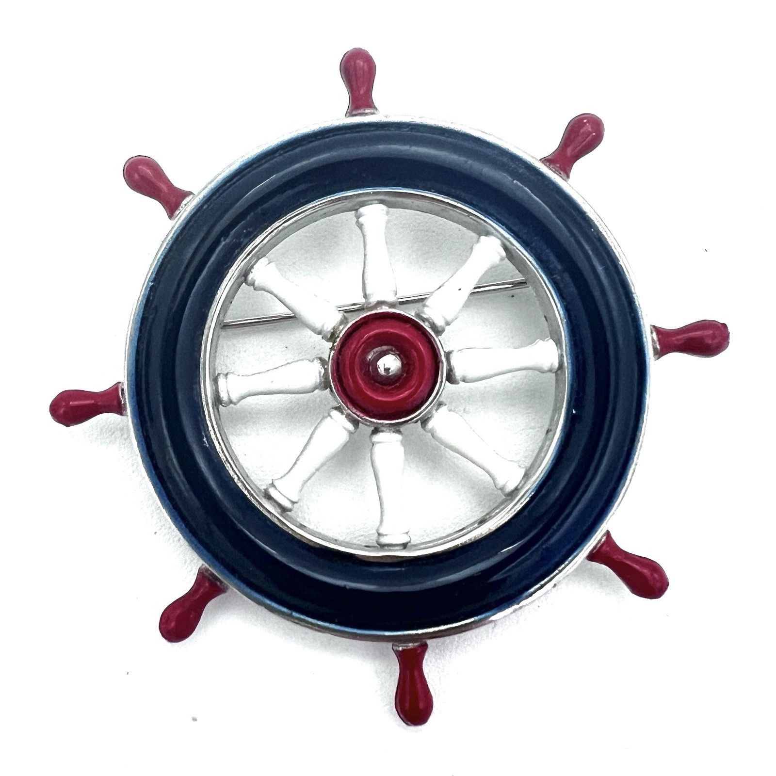 Ship’s Wheel Nautical Pin Brooch Blue Red White Painted Metal 2.25″