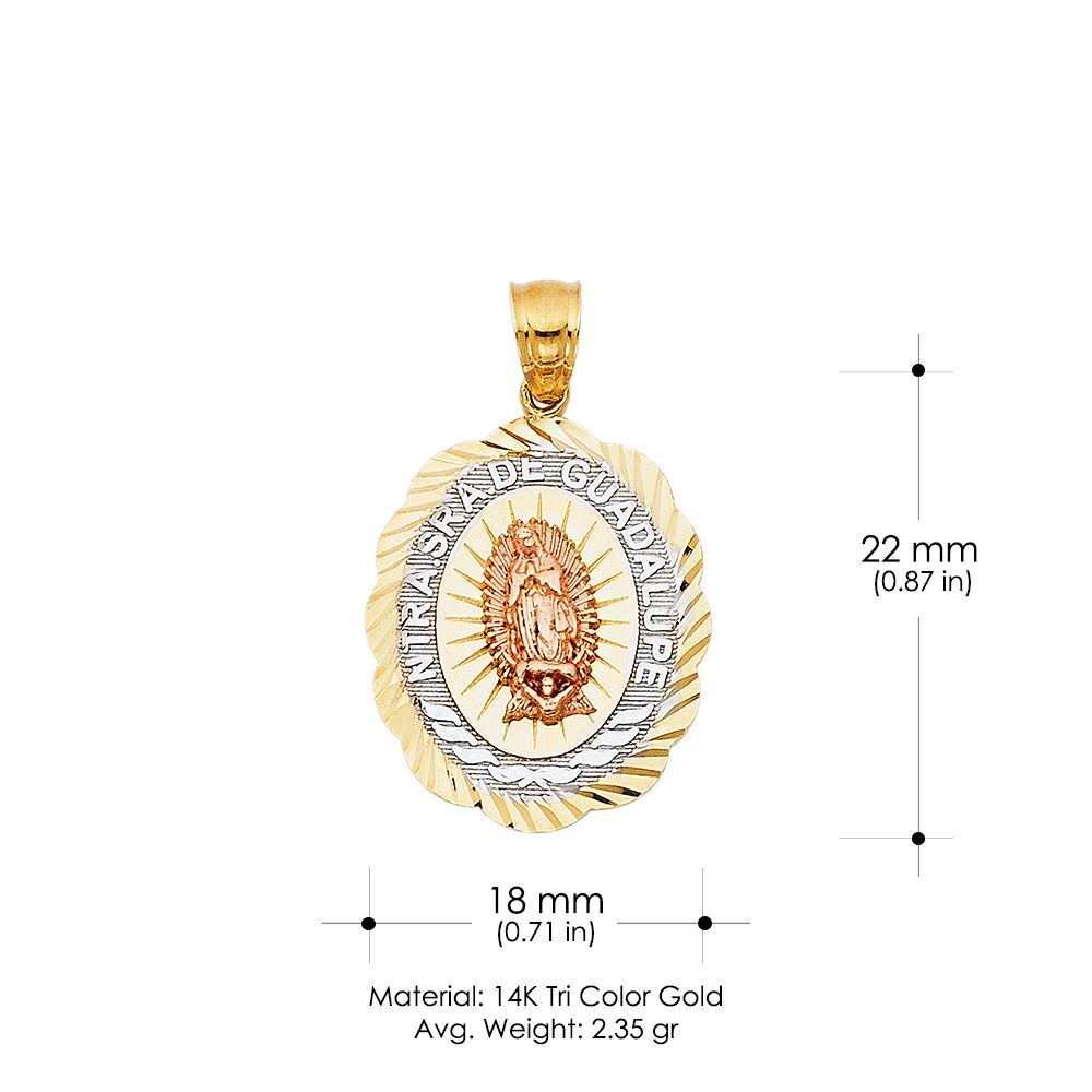 14K Tri Color Gold Religious Guadalupe Charm Pendant & 1.2mm Box Chain Necklace