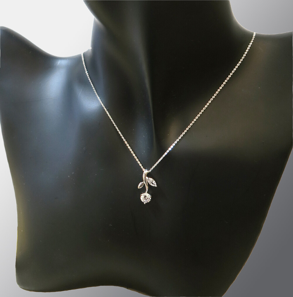 925 REAL SILVER RHODIUM PLATED *** Flower Branch Cubic Zirconia Pendant 18mm + Chain