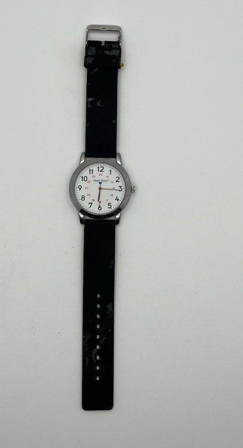 Nurse Mates Wrist Watch Silver W/Black Band, Not Tested & Needs Battery.