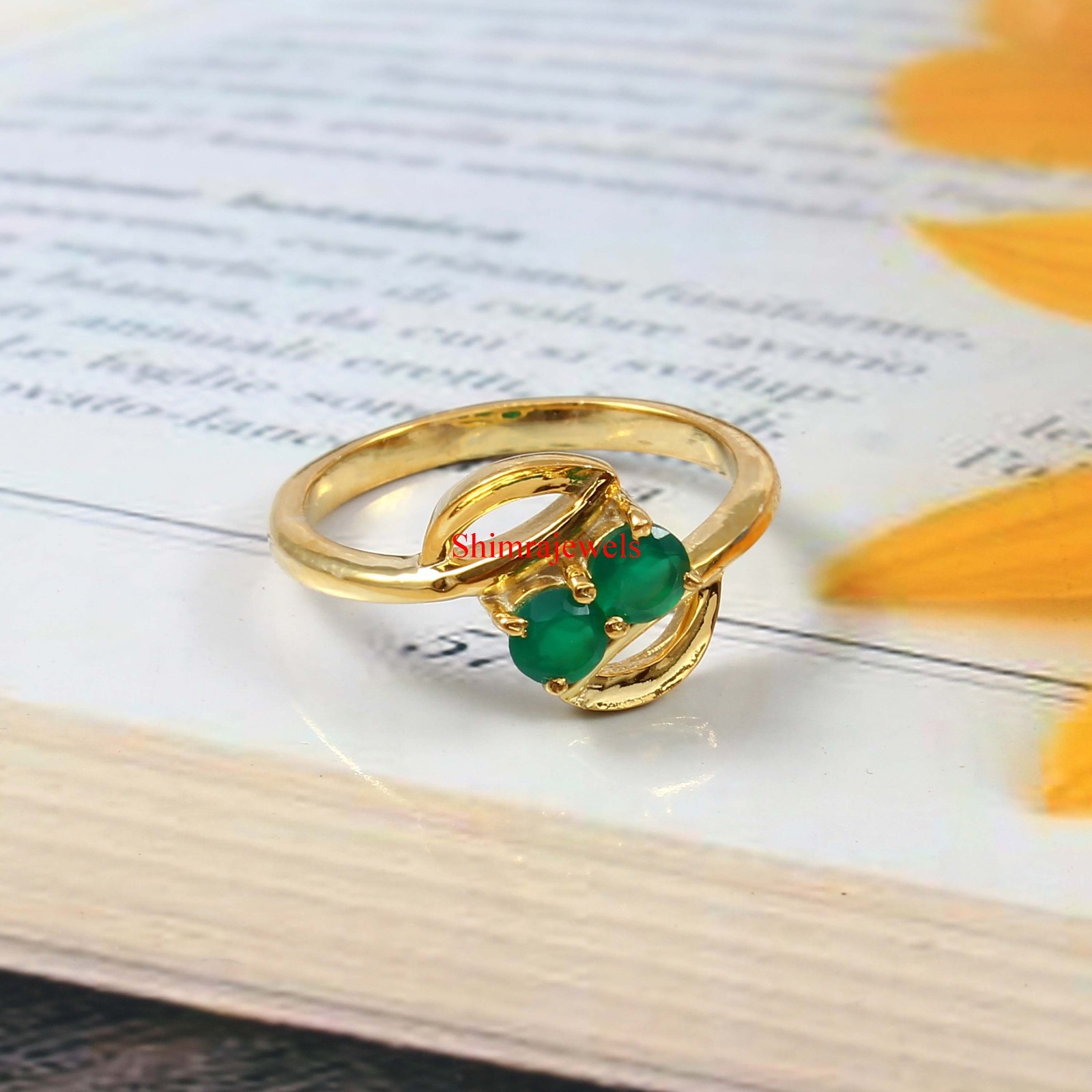 Natural Green Onyx Gemstone With 18k Gold Plated Silver Women’s Ring #38