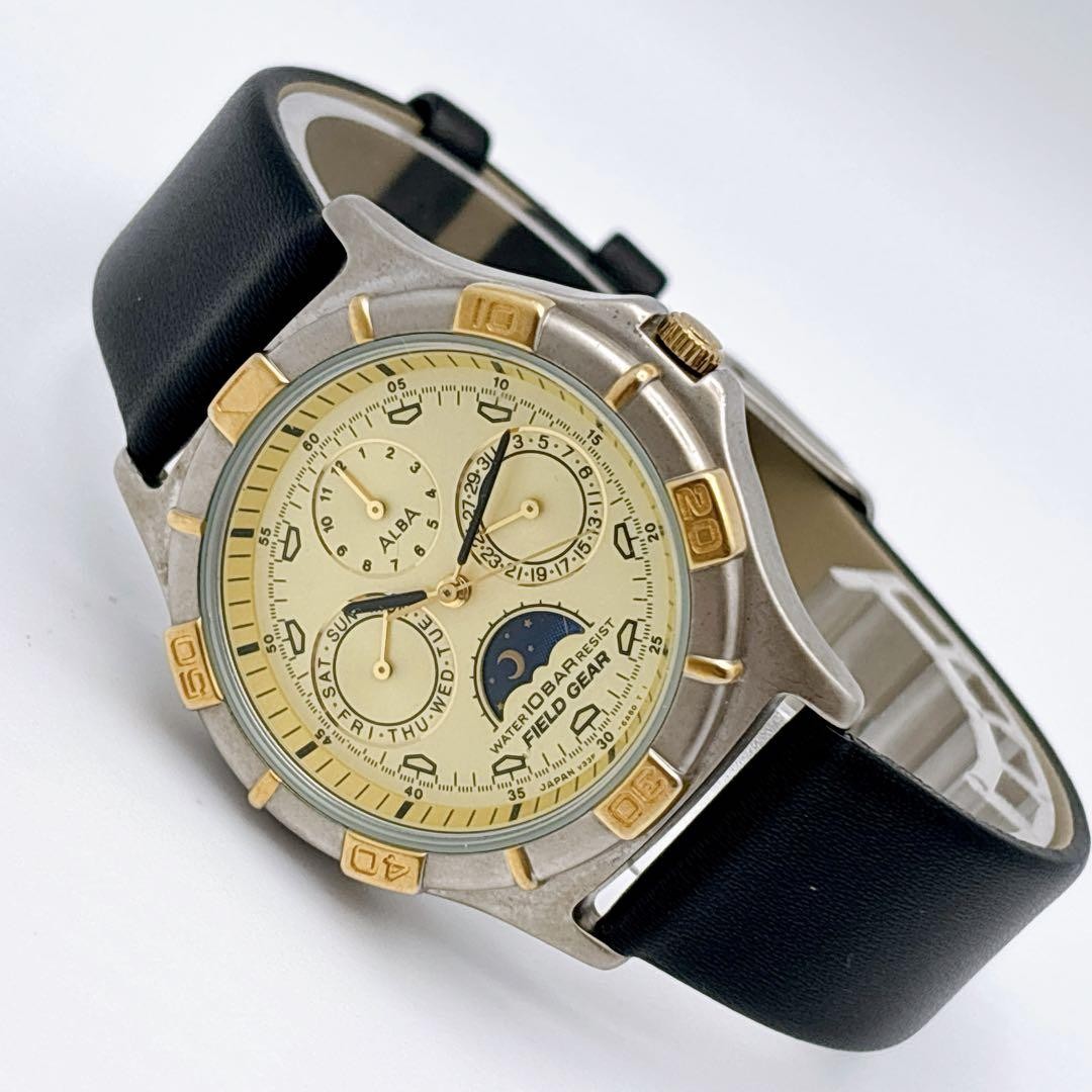SEIKO ALBA Field Gear V33F-6A80 Sun & Moon Triple Calendar New Battery & Strap