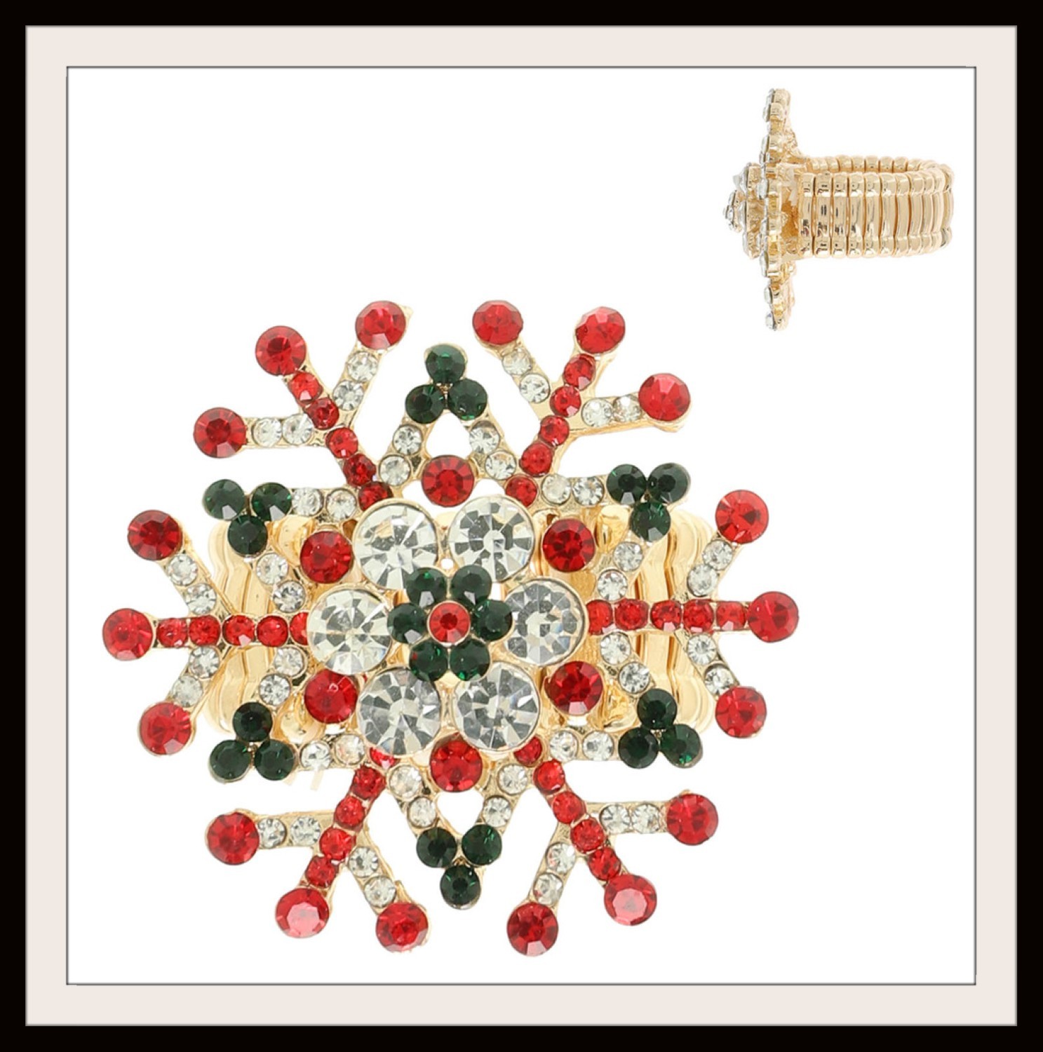 Red Green Clear Crystal Snowflake Ring Stretch 1.5″ Dia New Christmas Gold