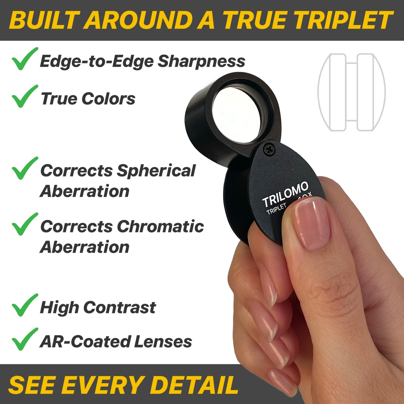 TRILOMO (ex BelOMO) 10x Triplet Loupe Magnifier. Black Egg. 21mm (.85″). USA
