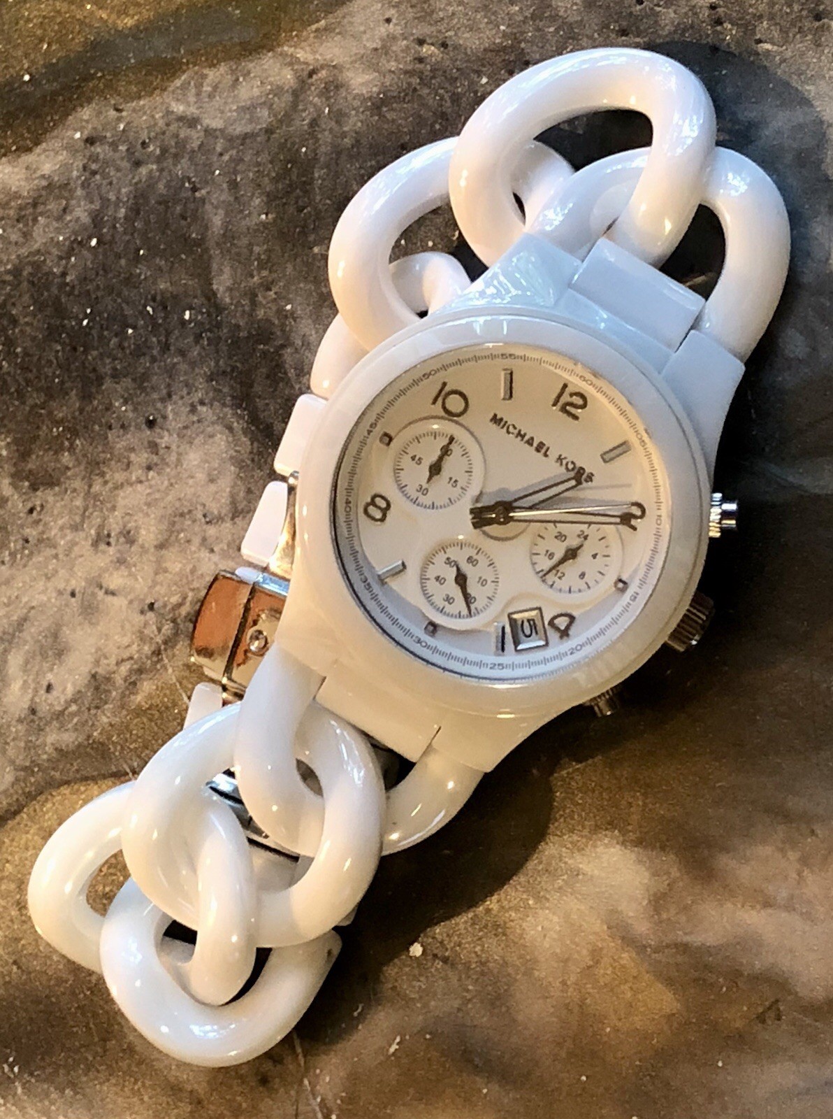 ✨🤍 NOS STUNNING Early MICHAEL KORS White CERAMIC Chain Link Bracelet Watch🤍✨