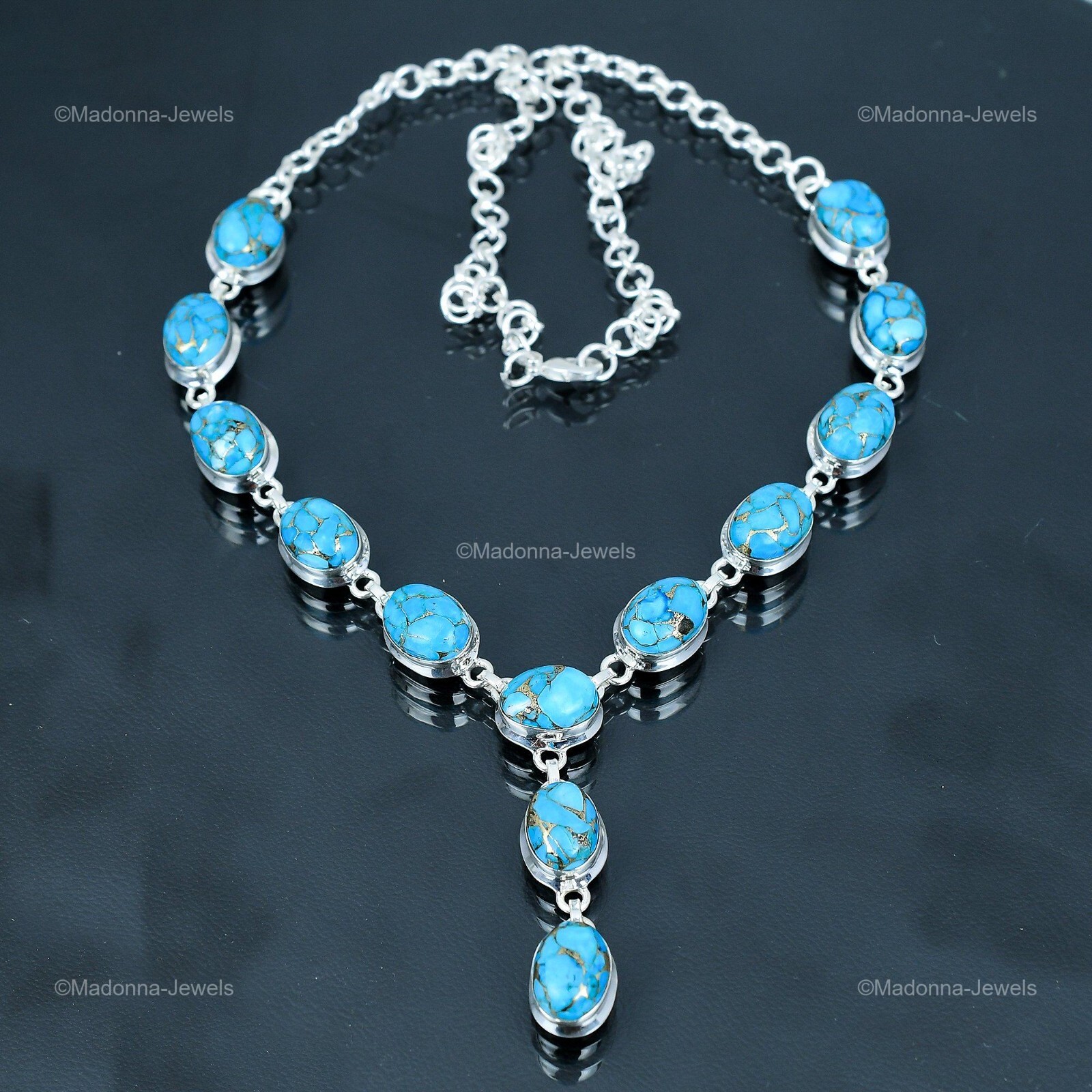 Sterling Silver Copper Blue Turquoise Stone Chain Throat Chakra Necklace Jewelry