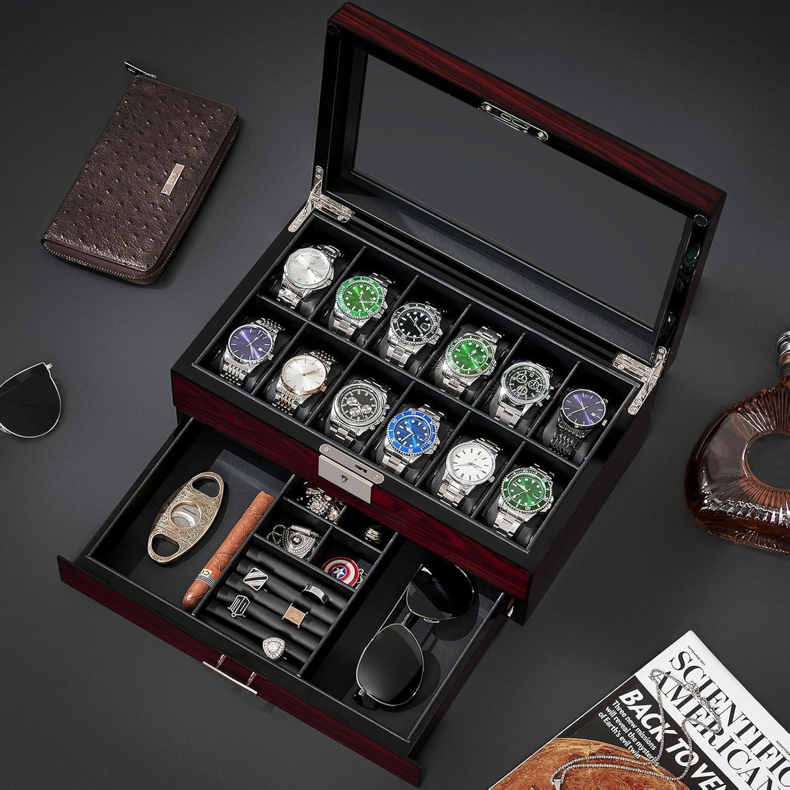 12 Slot Watch Cases with Glass Lid Lockable Organizer for Men, Synthetic Leather