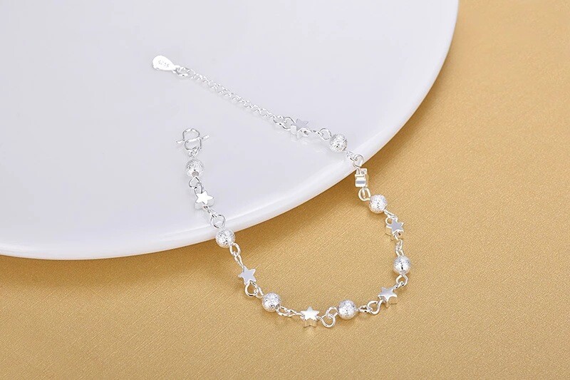 Women’s 925 Sterling Silver Stars Beaded Link Foot Chain Ankle Bracelet #AB41