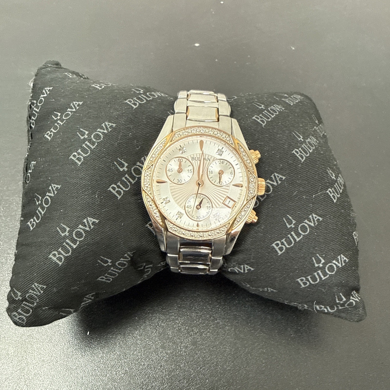 Bulova Diamond Chronograph Silver/Gold Tone Stainless Steel 98R149 NEEDS BATTERY
