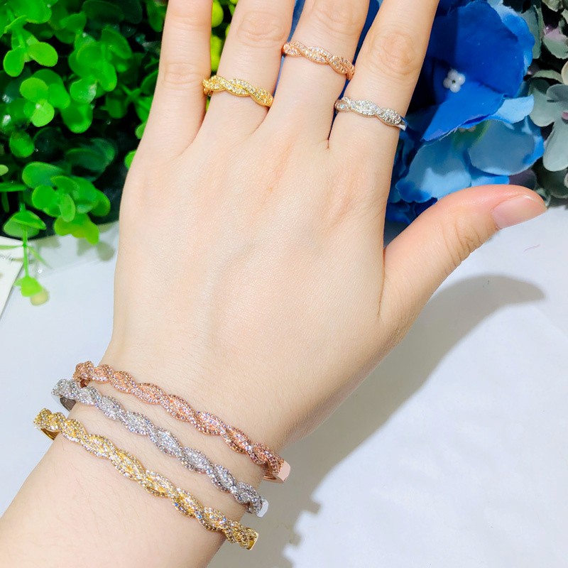 Silver Plated CZ Micro Paved Twisted Bangle Bracelet and Ring Bridal Jewelry Set