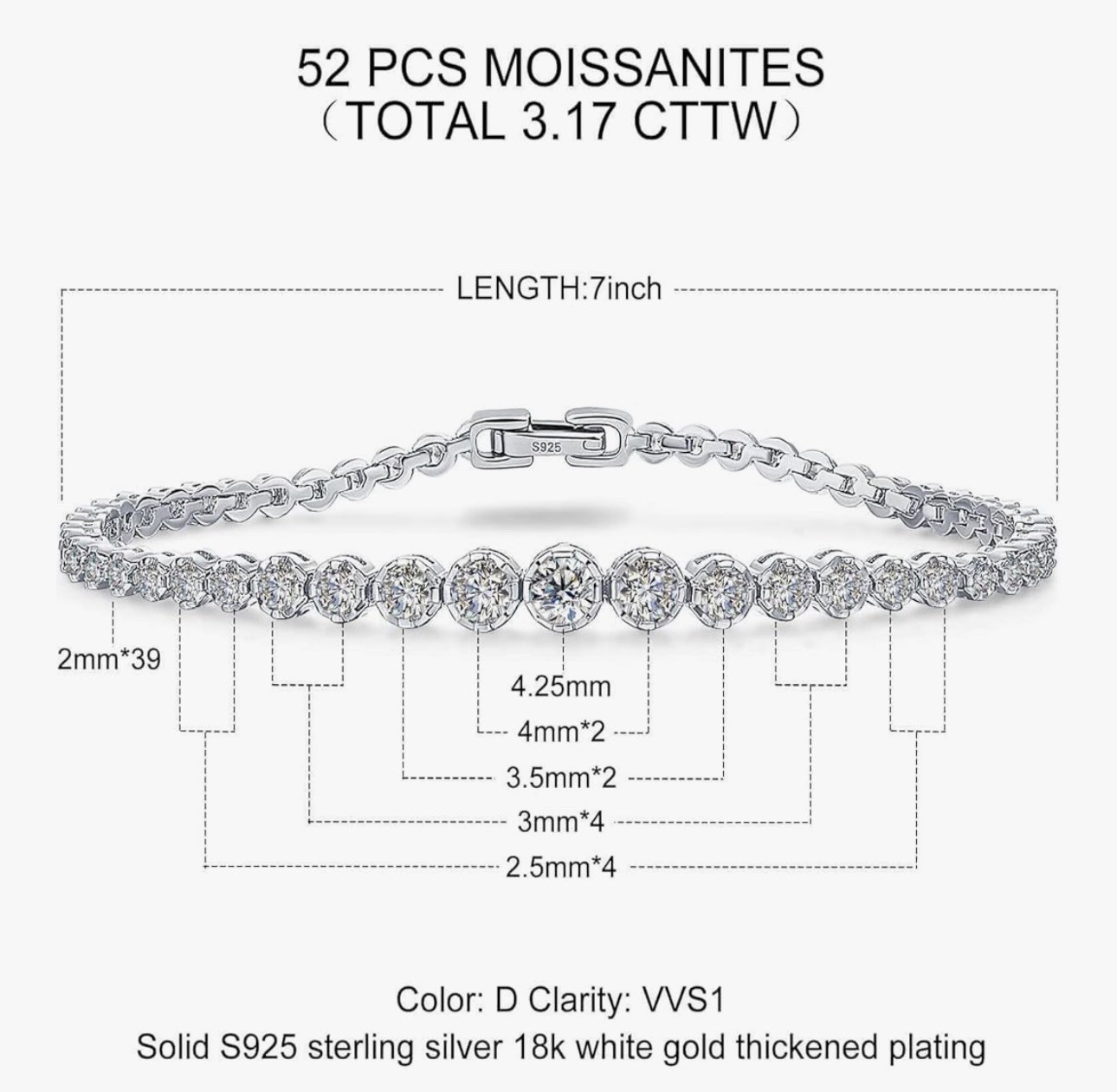 Moissanite Tennis Bracelet D Color VVS1 Graduated 3.17ct 6.5INCH 925 Silver Gift