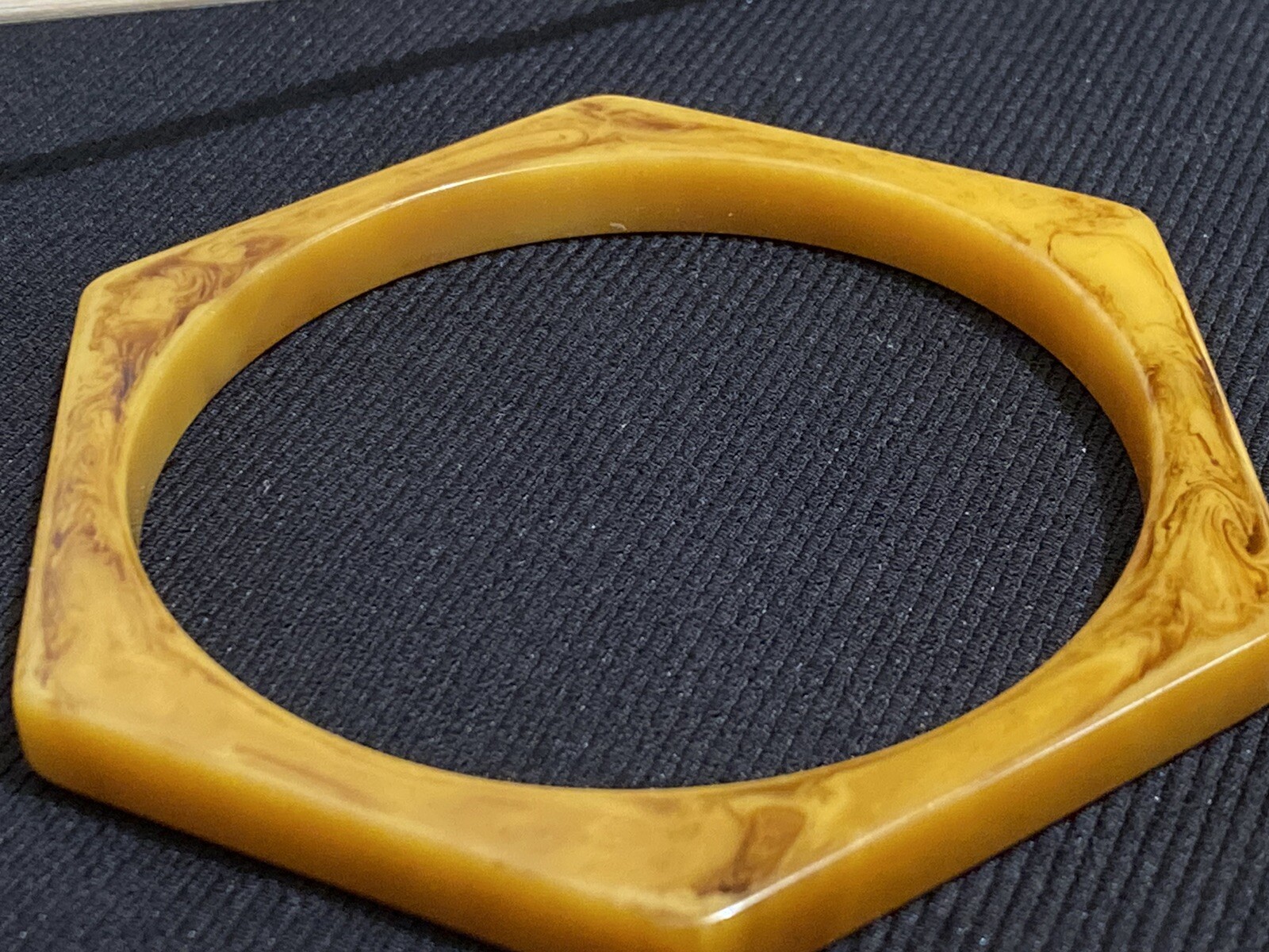 Vtg Bakelite Butterscotch Swirl Hexagon Bangle Bracelet 1/4 Inch Wide