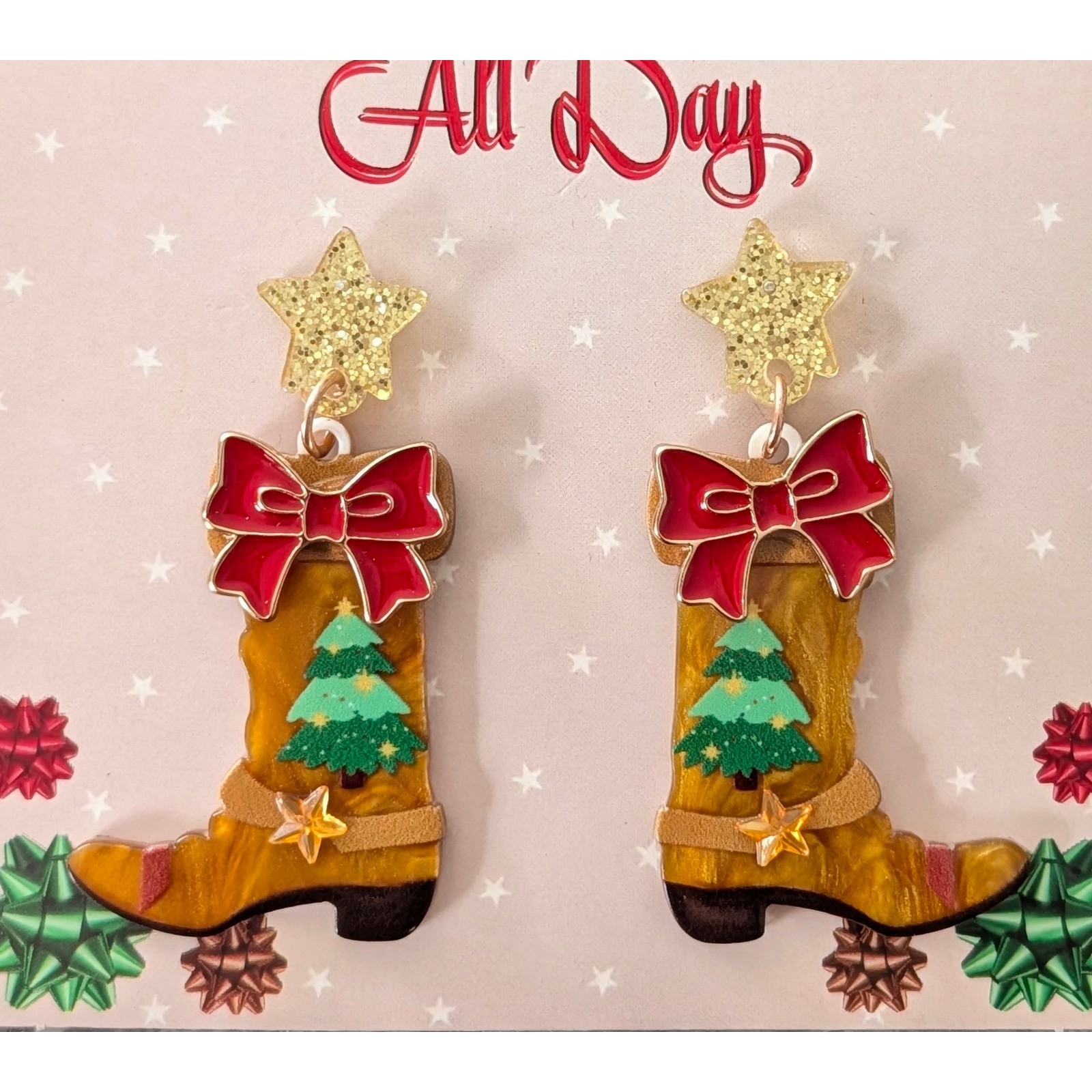 Cowboy Boot Christmas Tree Stud Earrings Gold Red Bow Star Festive Fun 2.25″