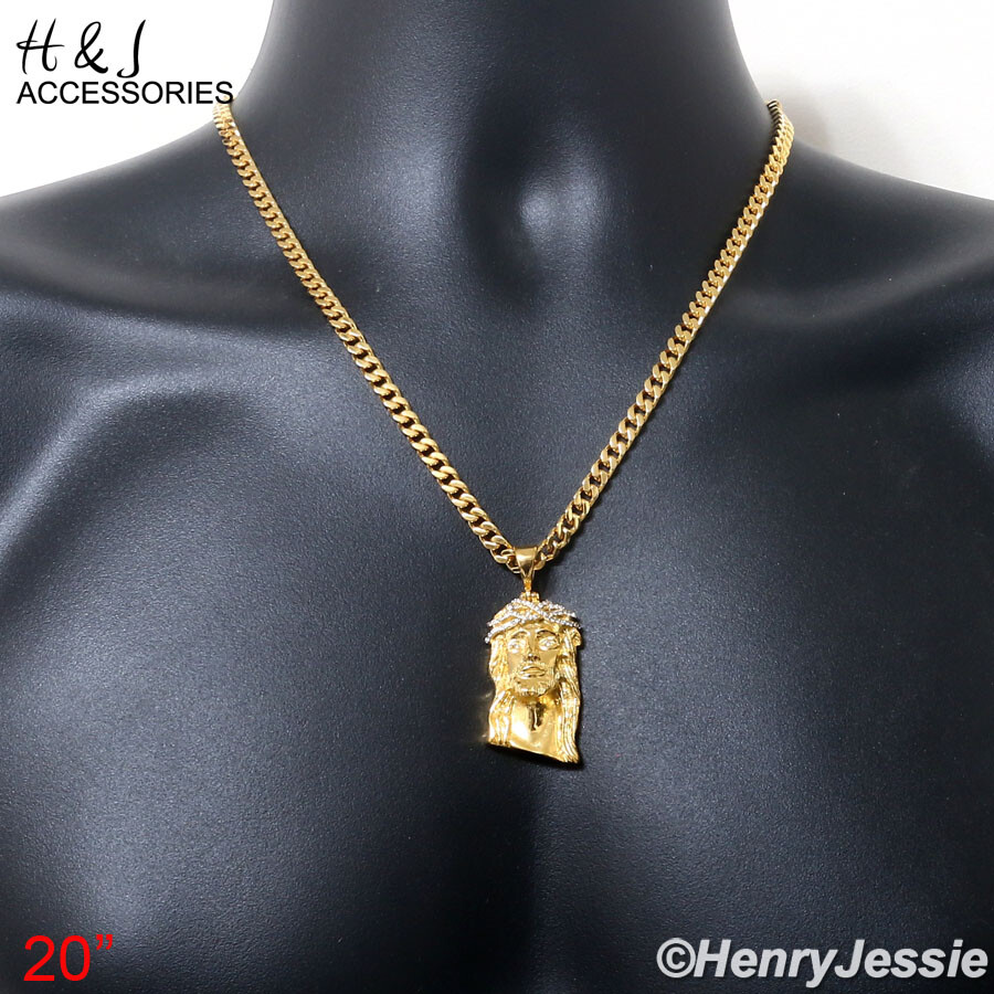 18″-40″MEN Stainless Steel 5mm Gold Plated Cuban Chain ICY CZ Jesus Pendant*G133