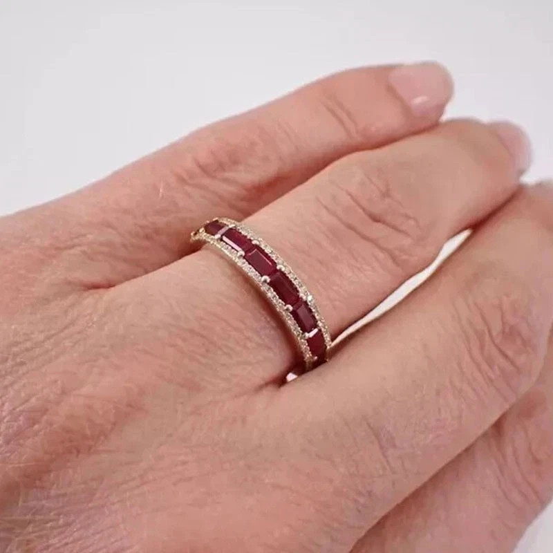 July Birthstone Gift Emerald Cut Natural Ruby & Diamond Eternity Band 14K Gold