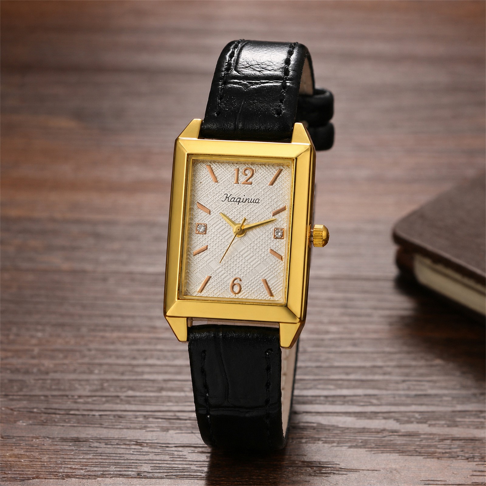 Women Business Rectangle Rhinestone PU Leather Band Wrist Watch for Daily Office