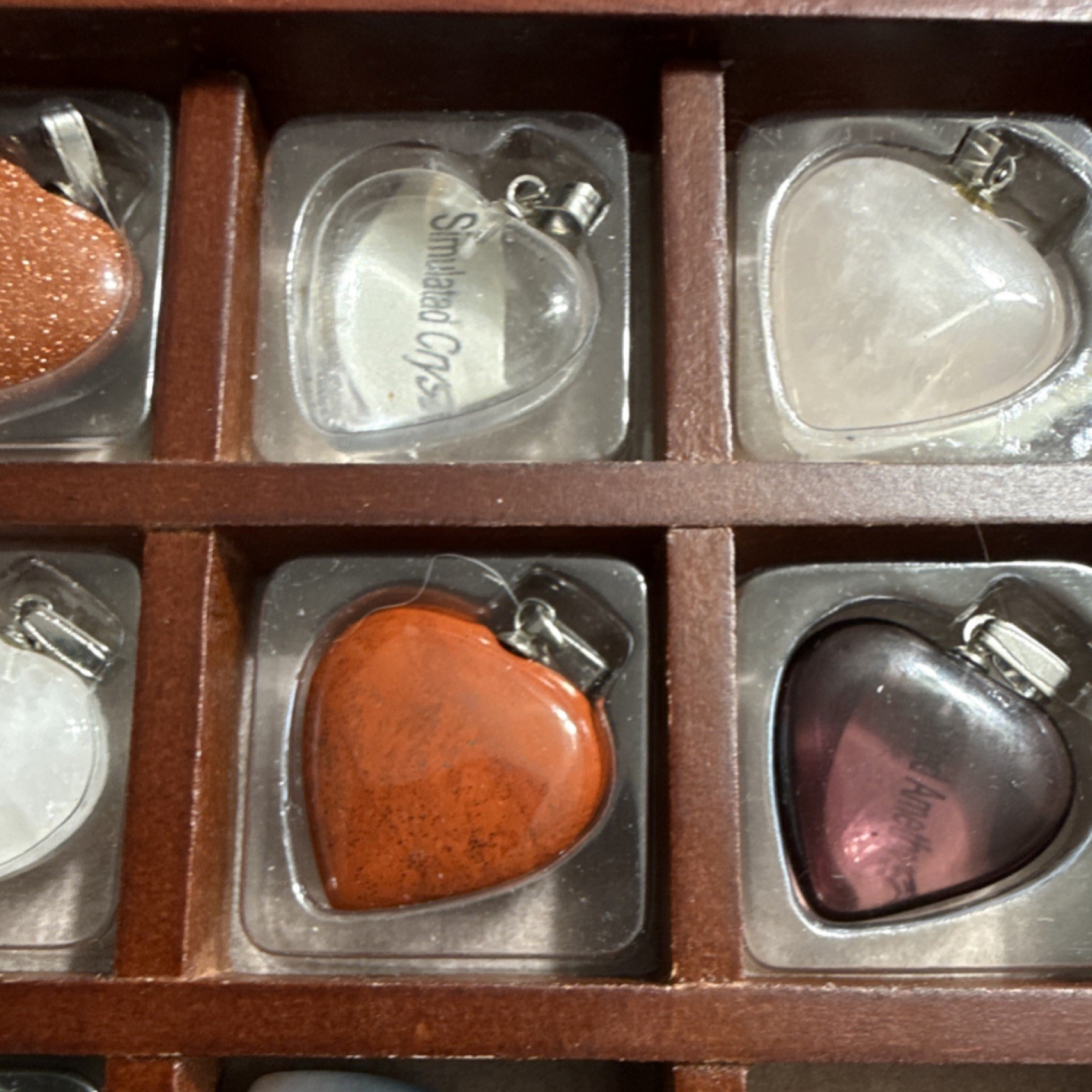 Assorted Gemstone Heart Pendant Charm Multicolor Set Wooden Box Nature Theme