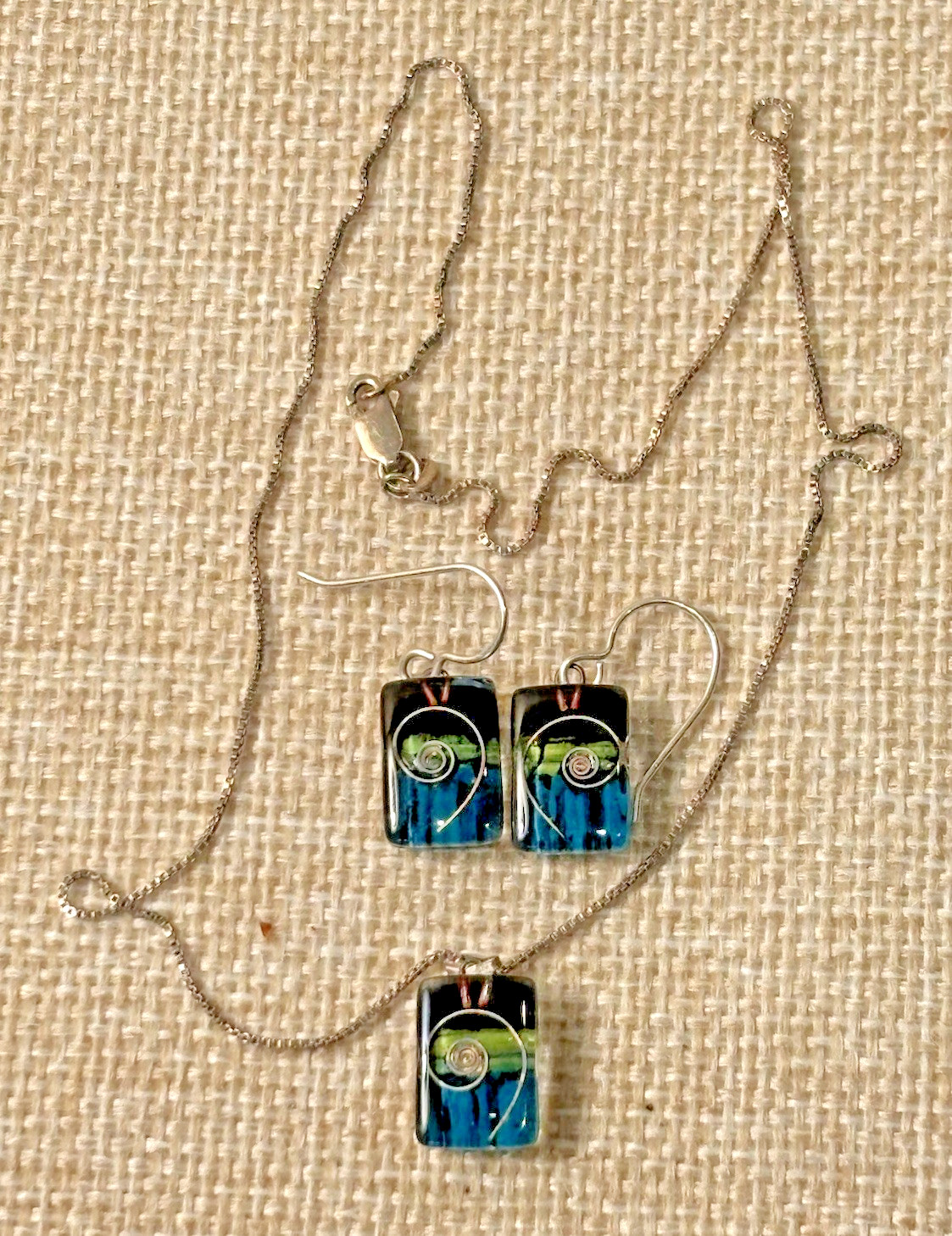 Art Glass Sterling Blue Green Black Silver Set Pendant w/ 16” Chain and Earrings