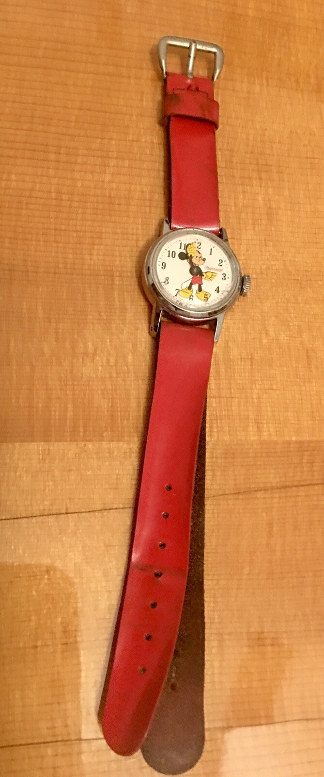 ✅Vintage Ladies 60s Time Ingersoll Mickey Mouse Moving Hands Watch-Red Band